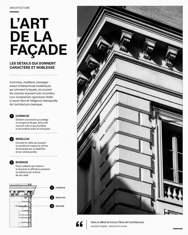 Détails de modénature architecturale sur une façade classique illustrant les jeux d'ombres et de lumières