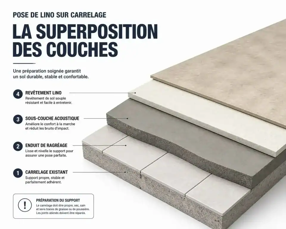 Schéma de la pose de lino sur carrelage montrant les différentes couches