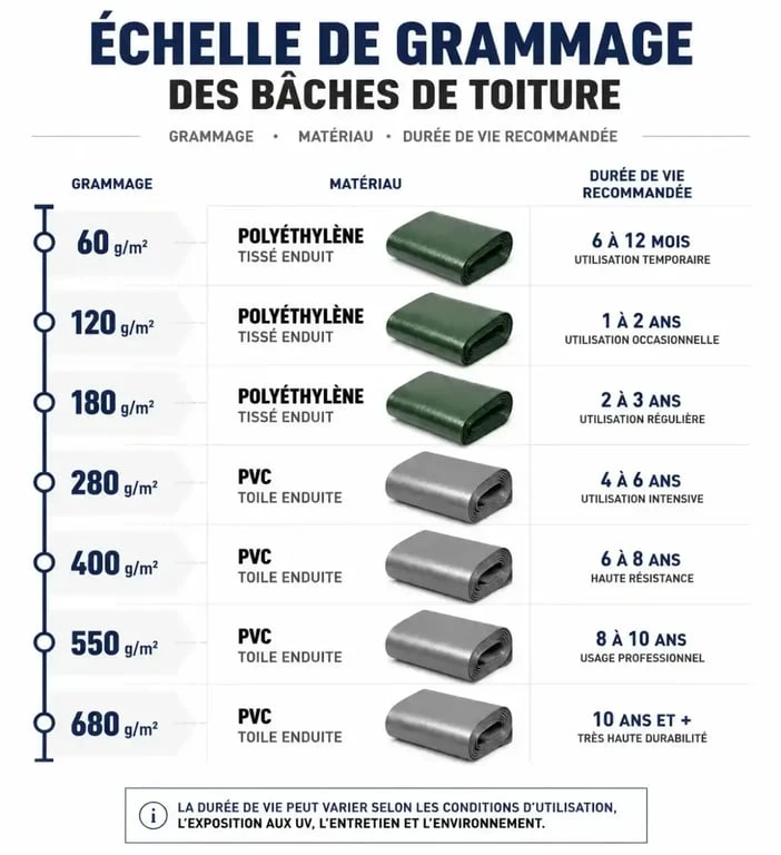 Infographie comparative des types de bâche pour toiture selon le grammage et la durée de vie