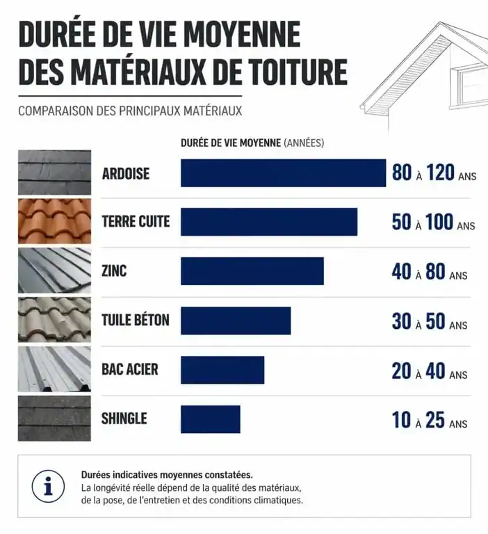 Infographie comparant la durée de vie des matériaux de toiture pour anticiper la rénovation