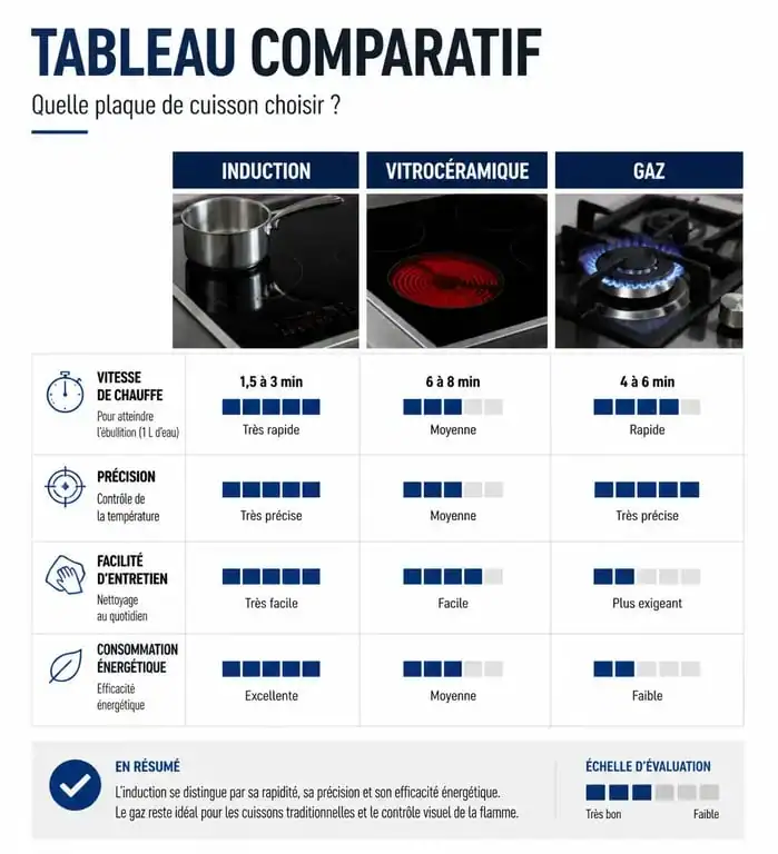 Comparatif des technologies de plaques de cuisson : induction, vitrocéramique et gaz pour choisir la meilleure plaque de cuisson