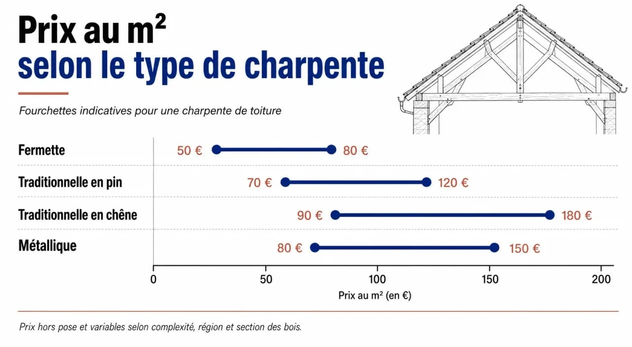 Comparatif des prix au m² des différents types de charpentes : fermette, traditionnelle et métallique.