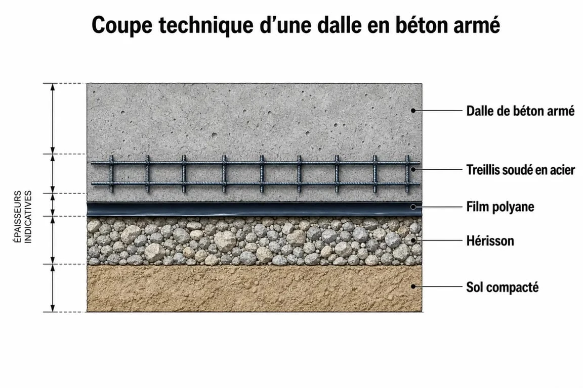 Coupe technique d'une dalle en béton armé montrant sa structure et ses composants