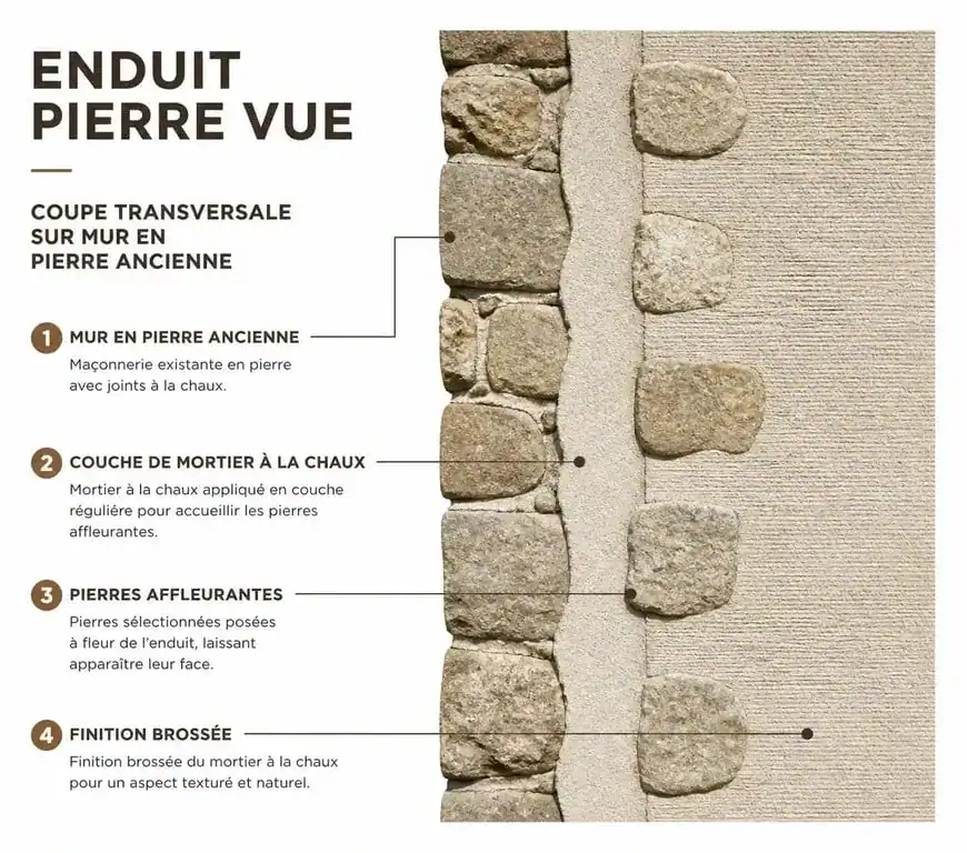 Schéma technique de la structure d'un enduit pierre vue sur un mur en pierre ancienne