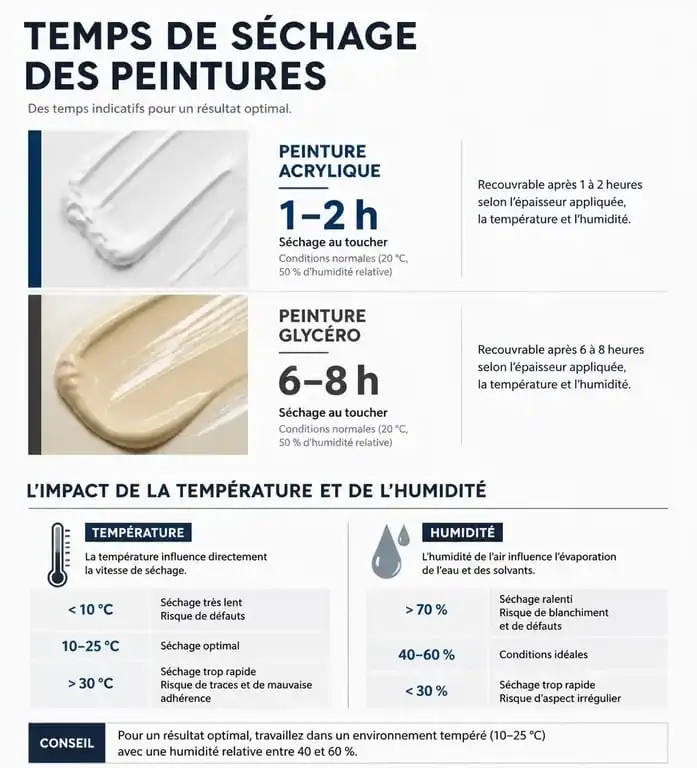 Infographie des temps de séchage entre deux couches de peinture selon le type de peinture et les conditions environnementales