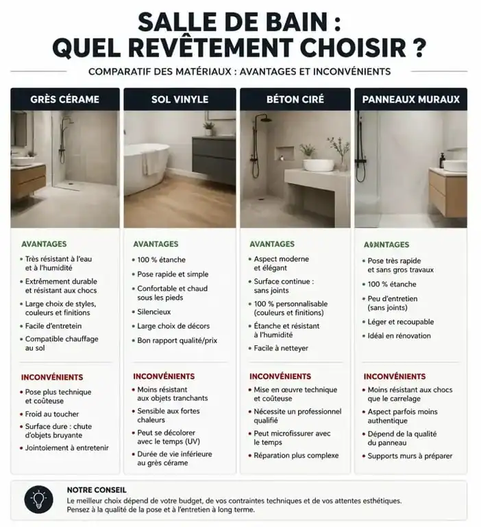 Tableau comparatif des matériaux pour rénover une salle de bain : grès cérame, vinyle, béton ciré et panneaux muraux.