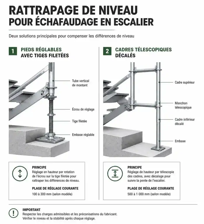 Schéma des systèmes de rattrapage de niveau pour échafauder en escalier