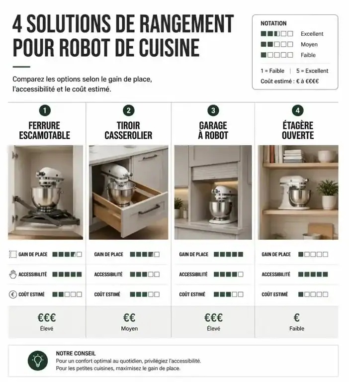 Infographie comparative des solutions de rangement pour robot de cuisine : ferrure, tiroir et garage