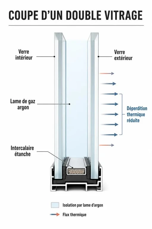 Schéma explicatif d'une fenêtre double vitrage sur mesure avec ses composants techniques