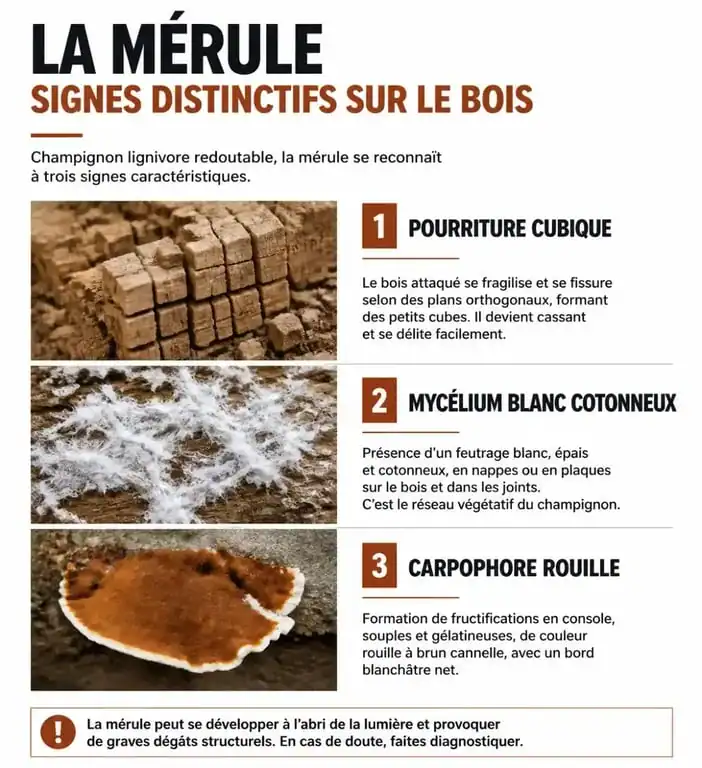 Signes visuels de la mérule sur le bois : pourriture cubique et mycélium