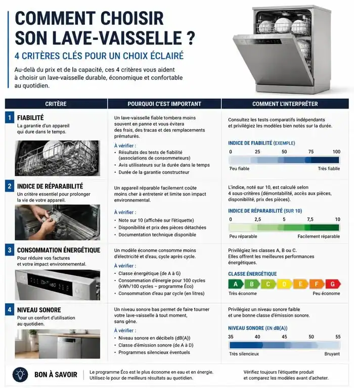 Infographie comparative des critères de choix pour un lave-vaisselle : fiabilité, réparabilité et performance énergétique.