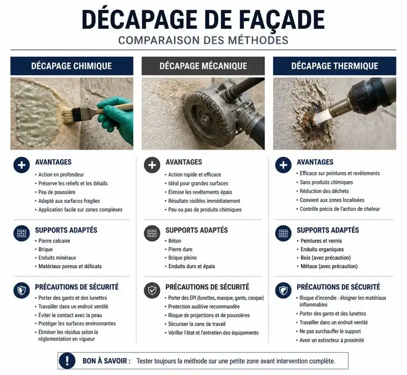 Infographie comparative des méthodes pour décaper une façade : chimique, mécanique et thermique.