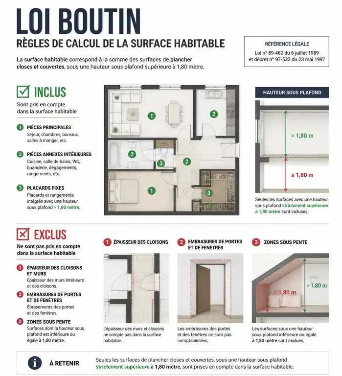 Infographie explicative des règles de calcul de la surface habitable et des placards intégrés selon la loi Boutin