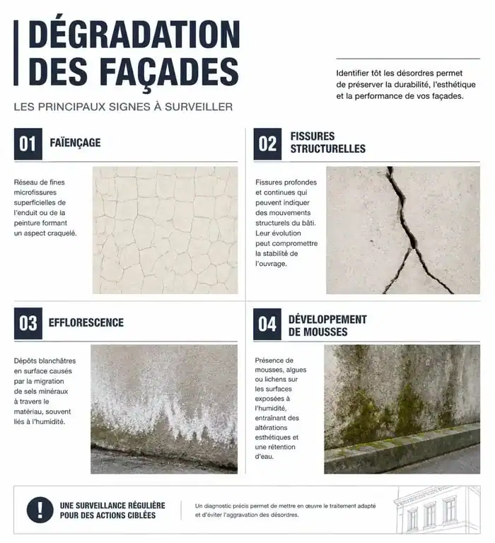Infographie des signes de dégradation d'une façade nécessitant un ravalement de façade