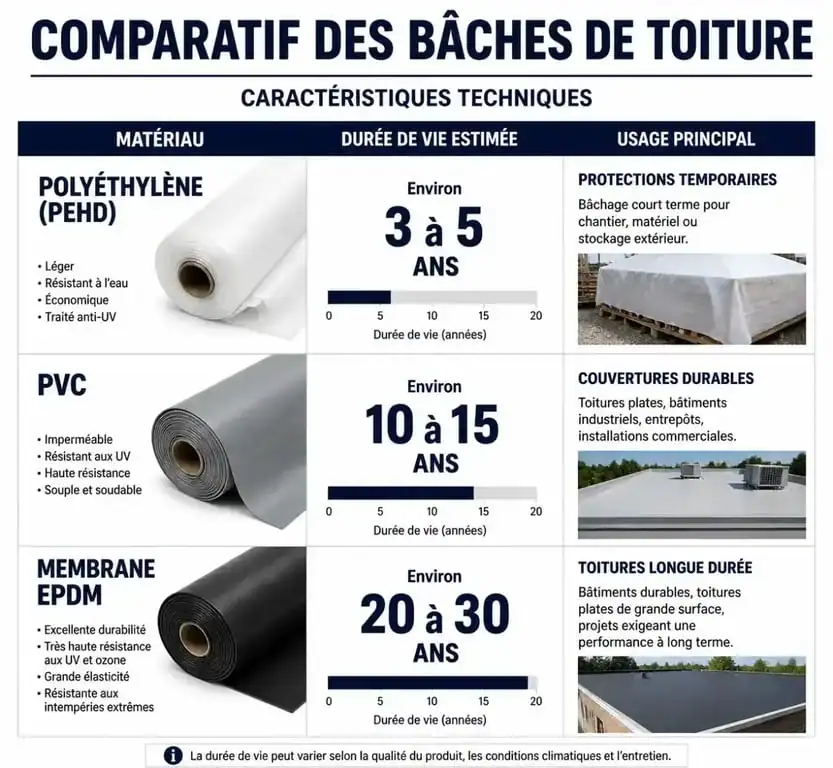 Comparatif des matériaux pour toiture en bache : PEHD, PVC et EPDM