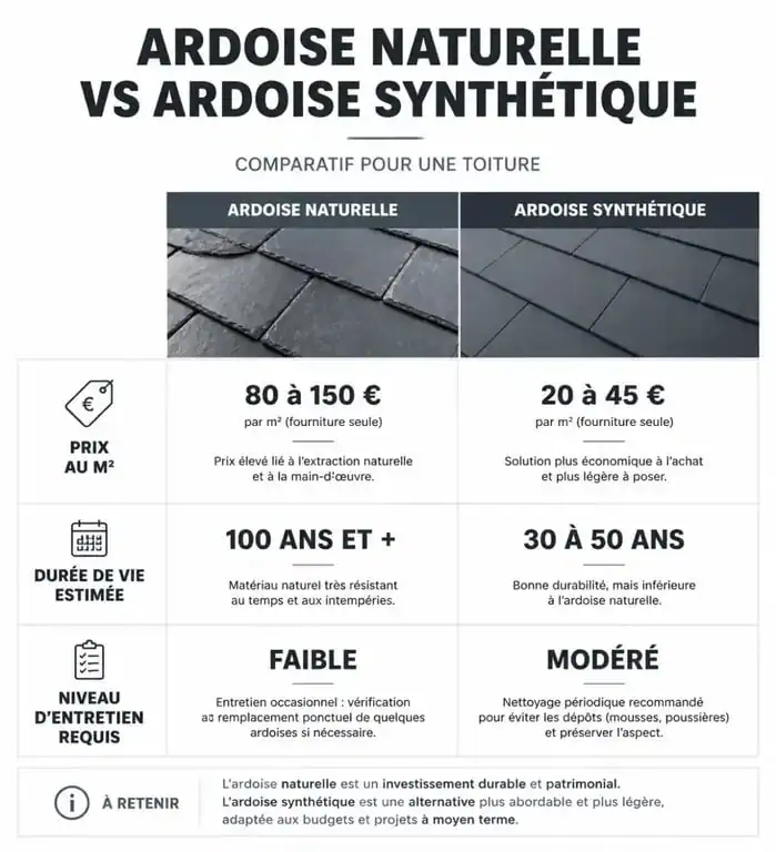 Comparatif prix et caractéristiques toit en ardoise naturelle vs synthétique