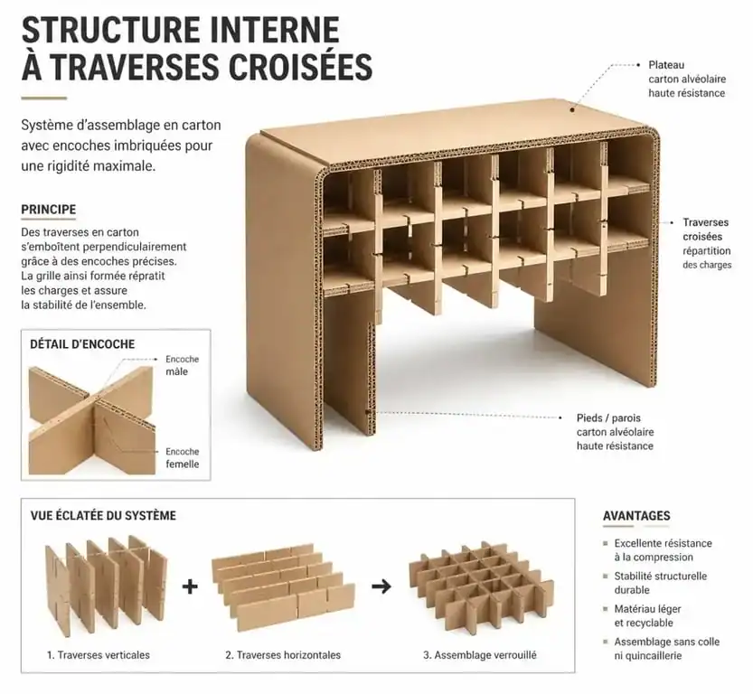 Schéma technique de la structure interne d'un meuble en carton avec traverses croisées