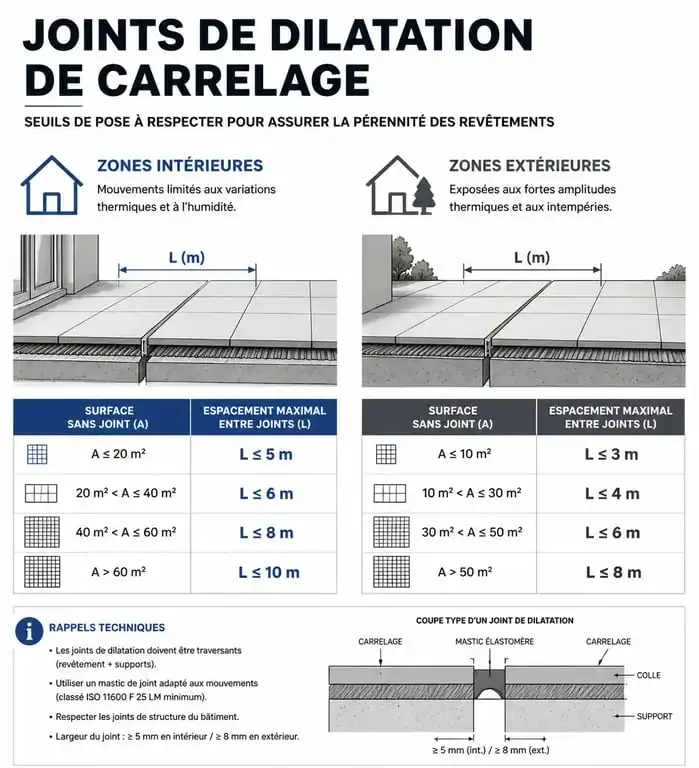 Infographie des seuils de pose pour joint de dilatation carrelage