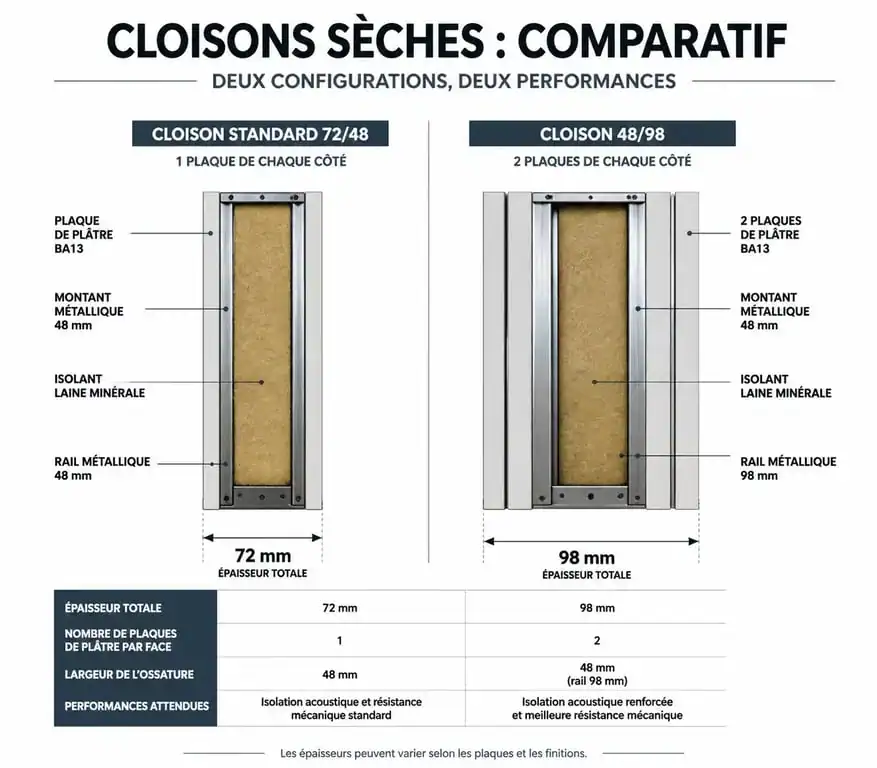 Comparatif technique entre cloison 72/48 et cloison 48/98 pour l'isolation acoustique