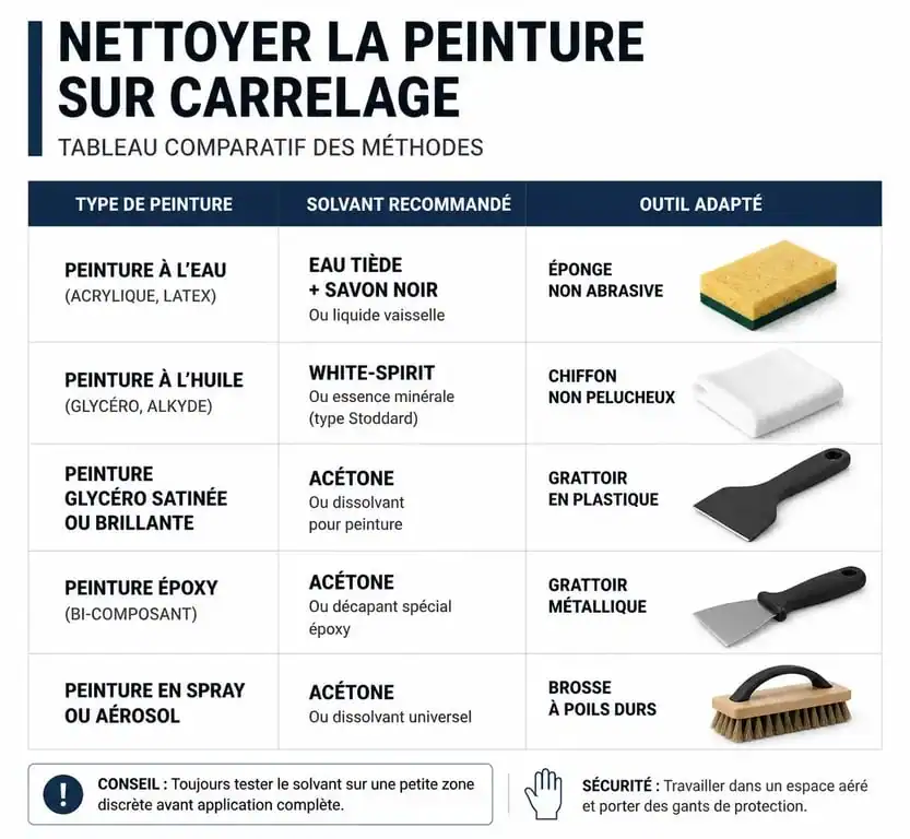 Tableau comparatif des méthodes pour nettoyer la peinture sur carrelage selon le type de peinture