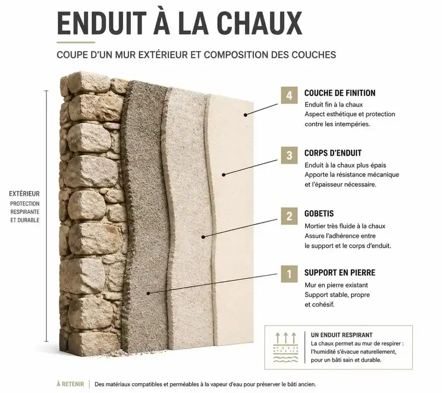 Schéma des couches d'un enduit pour mur à la chaux extérieur