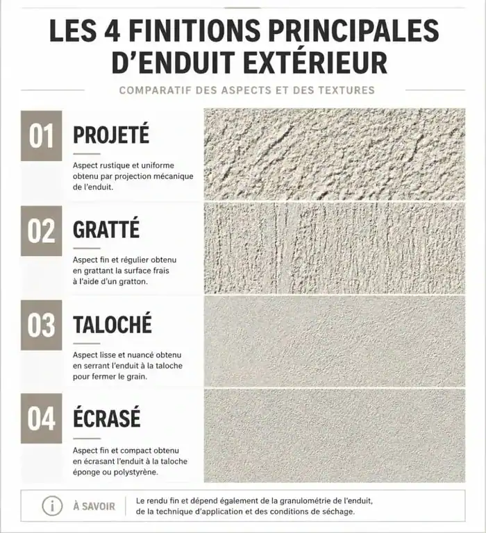 Comparatif des finitions d'enduit extérieur : projeté, gratté, taloché et écrasé pour le choix du crépi ou enduit extérieur