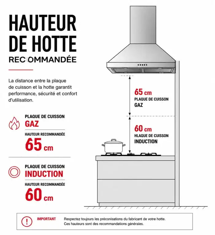 Infographie des hauteurs recommandées pour l'installation d'une hotte au-dessus d'un plan de travail