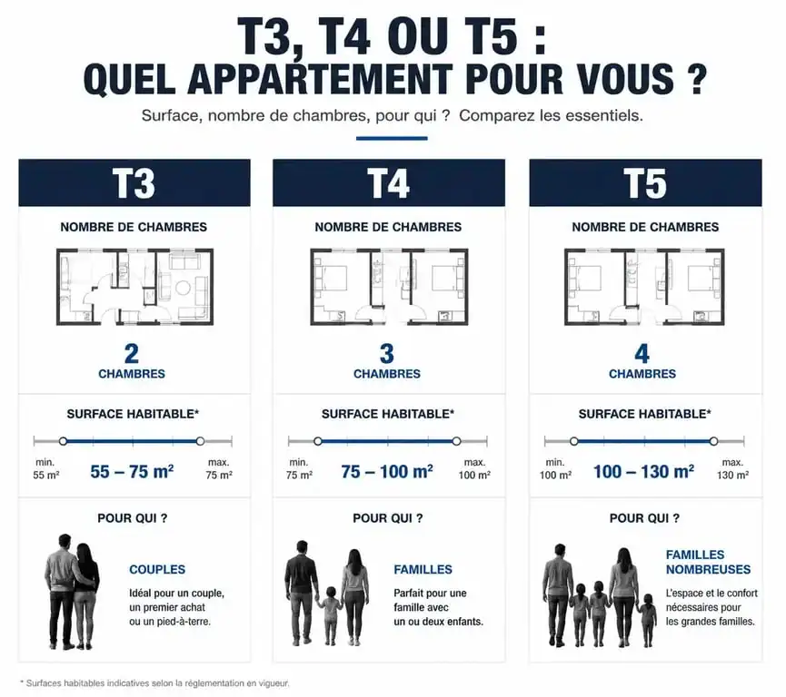 Comparatif des caractéristiques entre un appartement T3, T4 et T5 pour aider à choisir son logement