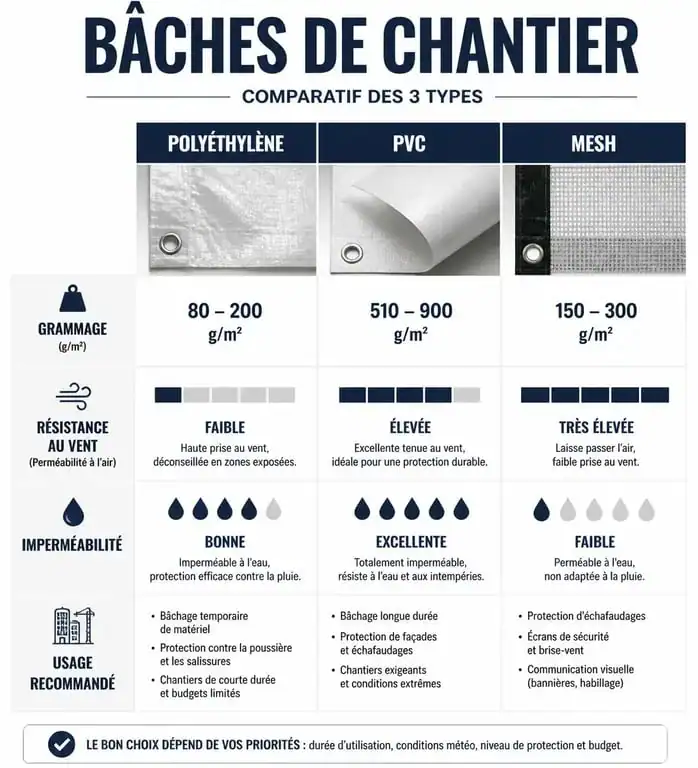 Comparatif des types de bâche de chantier : Polyéthylène, PVC et Mesh pour choisir la protection adaptée.