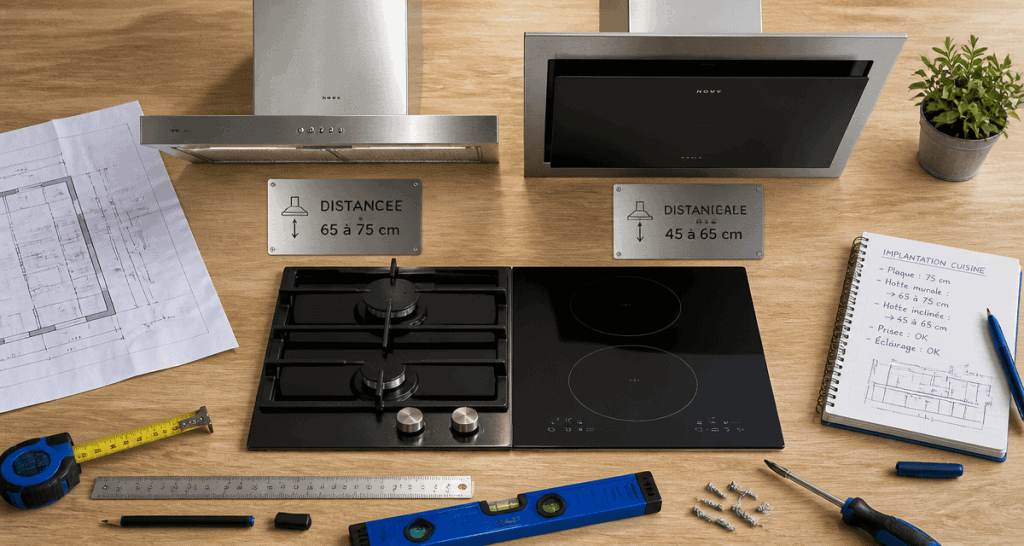 Hauteur plan de travail hotte avec plaques et outils
