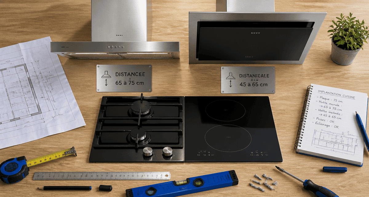 Hauteur plan de travail hotte avec plaques et outils