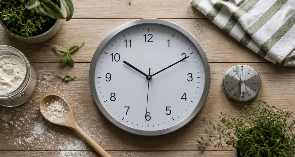 horloge cuisine murale acier inoxydable sur plan de travail