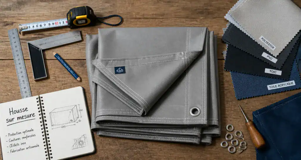 housse de protection sur mesure sur établi avec outils et tissus