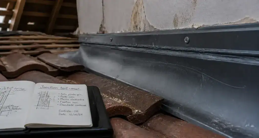Jonction toit mur avec solin et mastic : recouvrement 10 cm, anti-infiltrations