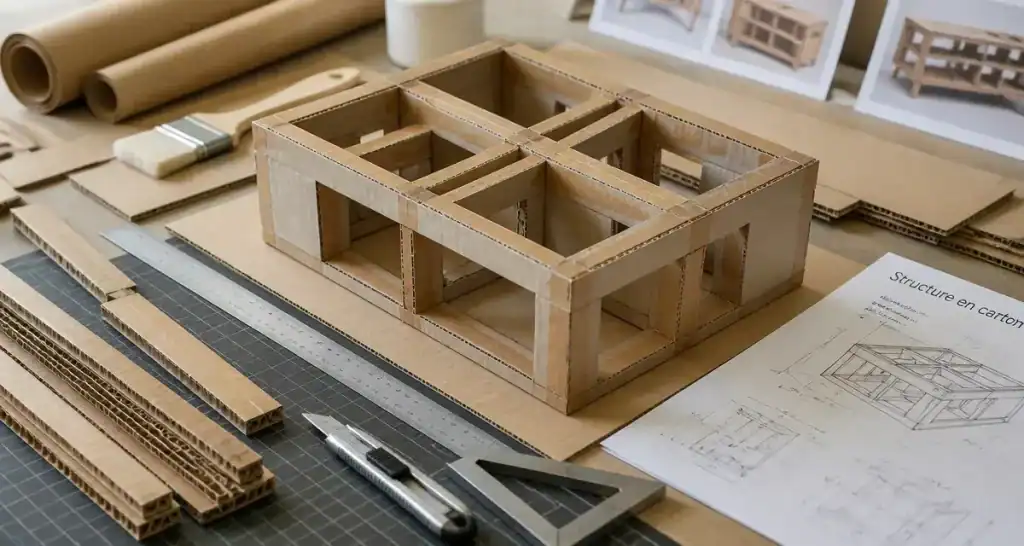 Meuble en carton fabrication : structure solide en atelier, panneaux et kraft gommé