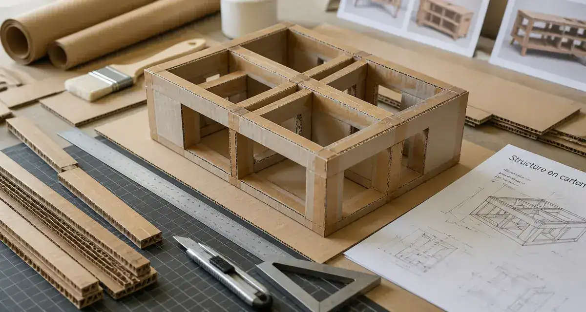 Meuble en carton fabrication : structure solide en atelier, panneaux et kraft gommé