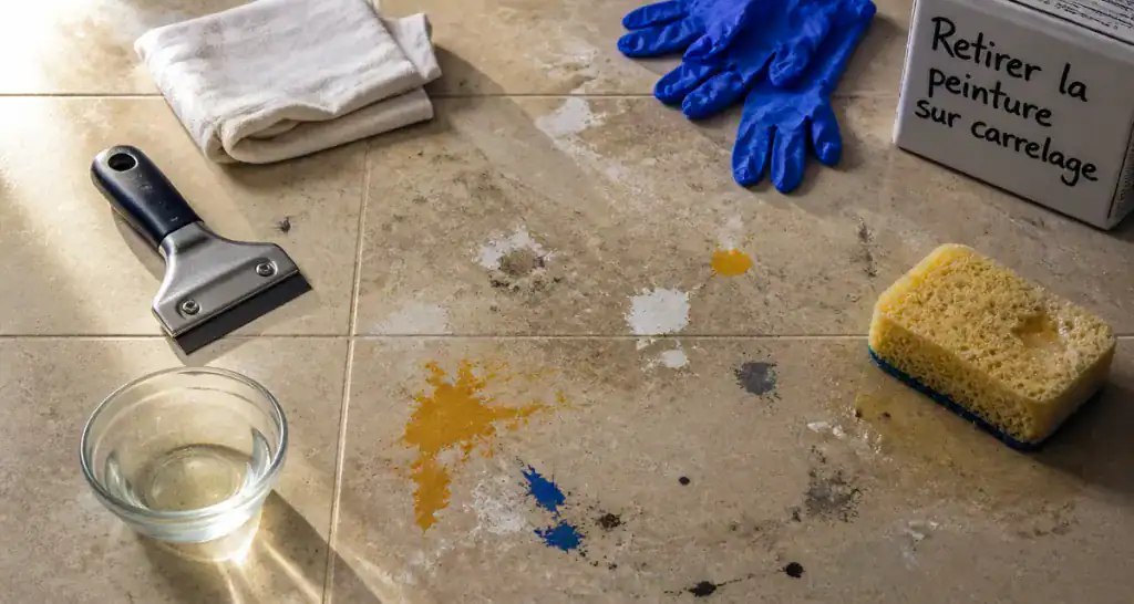 nettoyer peinture sur carrelage avec grattoir chiffon et vinaigre