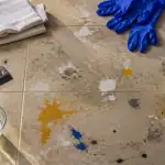 nettoyer peinture sur carrelage avec grattoir chiffon et vinaigre