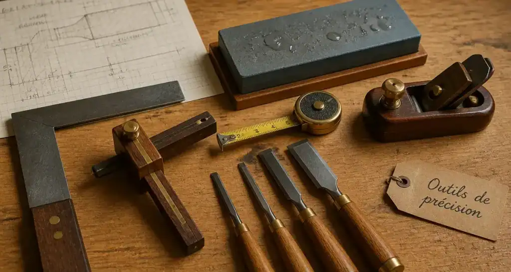 Outils pour menuisier : équerre, trusquin et rabot de paume sur établi