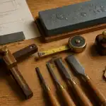 Outils pour menuisier : équerre, trusquin et rabot de paume sur établi
