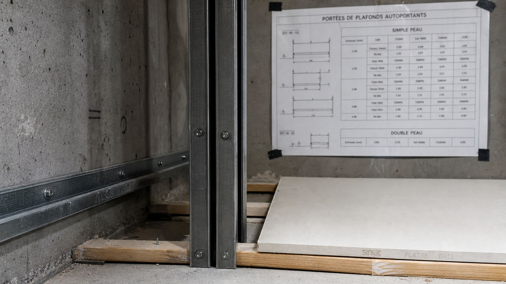 Plafond autoportant distance : rail et montants pour portée max DTU 25.41