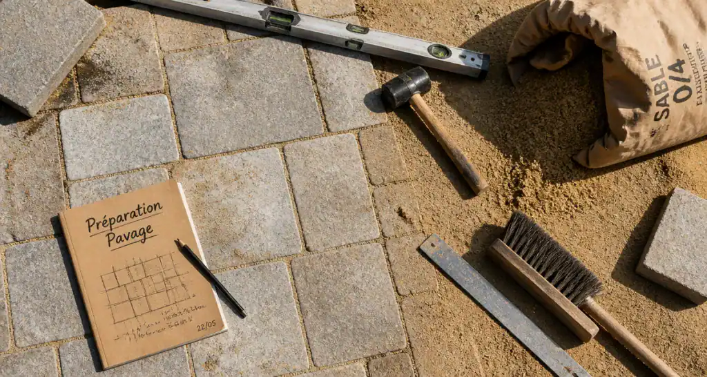 Pose pavage outils sur sable et pavés