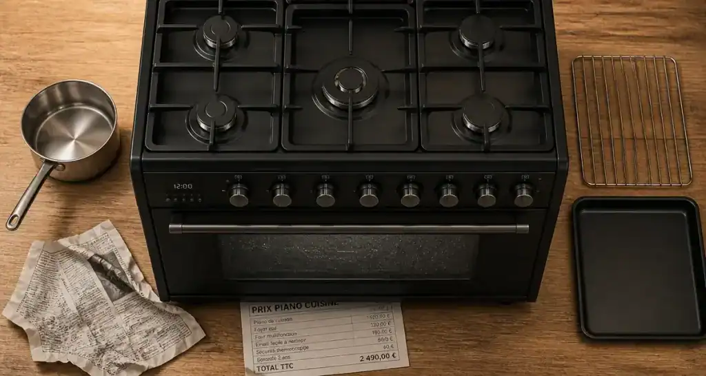 Prix piano cuisine : vue d’un piano de cuisson sur plan chêne