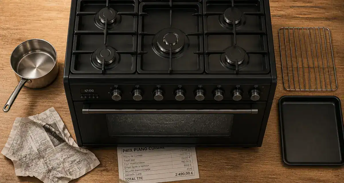 Prix piano cuisine : vue d’un piano de cuisson sur plan chêne