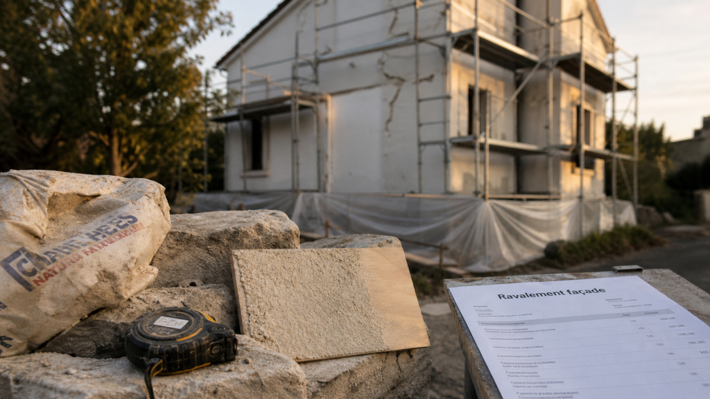 Prix ravalement façade maison 120m2 : chantier avec échafaudage et devis