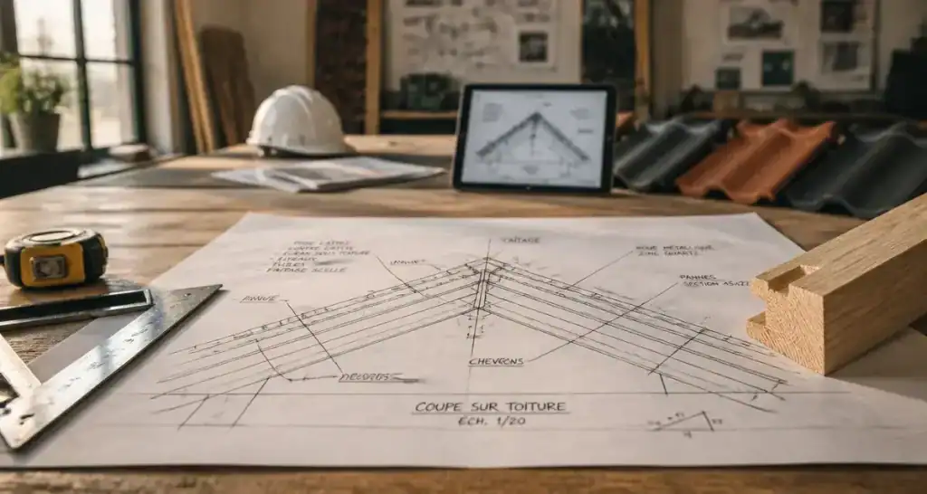Toiture schéma : plan technique des composants (faîtage, chevrons)
