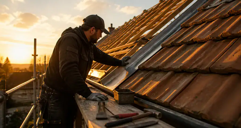 Top toiture artisan sur toit tuiles coucher du soleil
