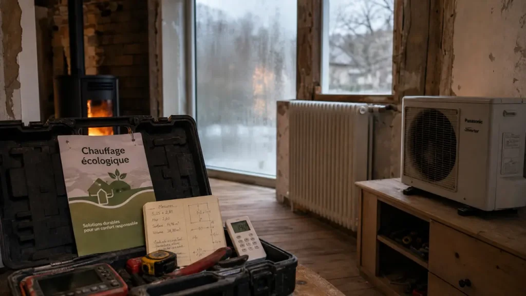 Chauffage écologique : pompe à chaleur et radiateur dans un salon en rénovation