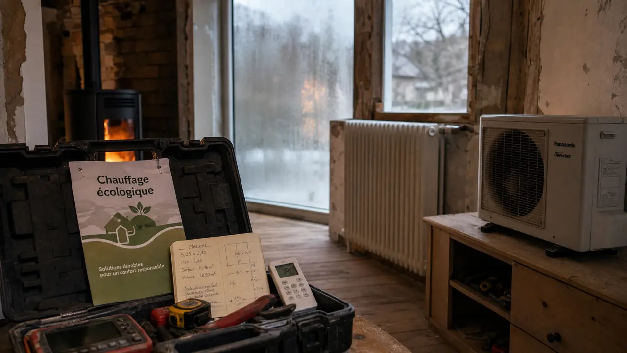 Chauffage écologique : pompe à chaleur et radiateur dans un salon en rénovation