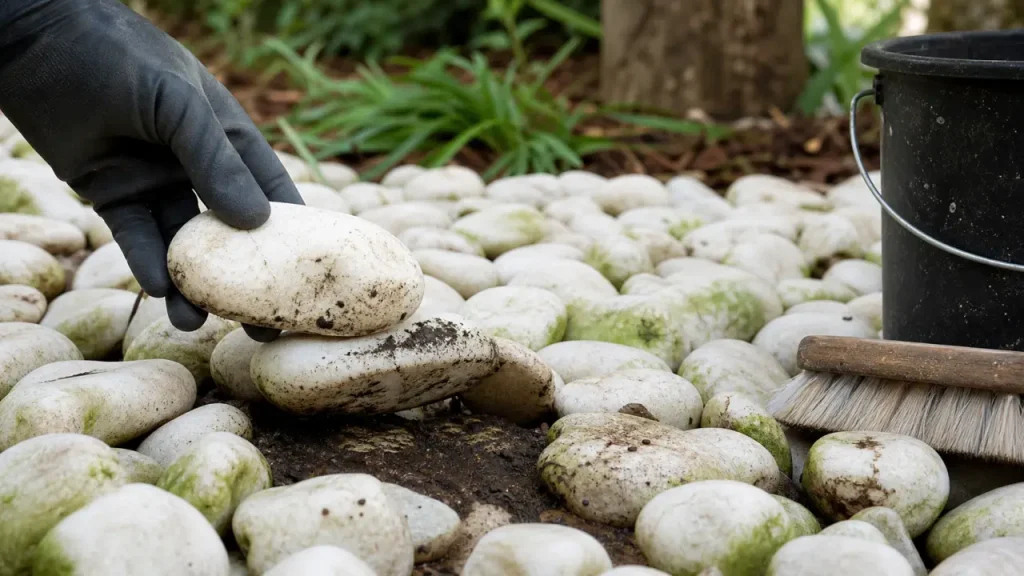 Comment nettoyer des galets blancs tachés verts ou jaunes, nettoyage doux